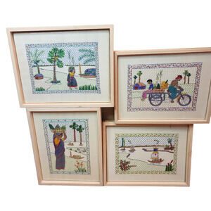 Hand Embroidered AARONG BANGLADESH Framed Art Work Set of 4